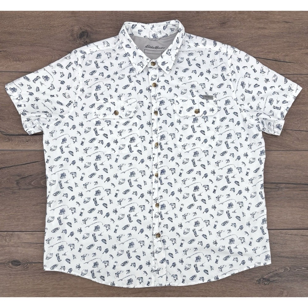 Eddie Bauer Men's XL Fishing Print Short Sleeve Button Front Camp Shirt White
